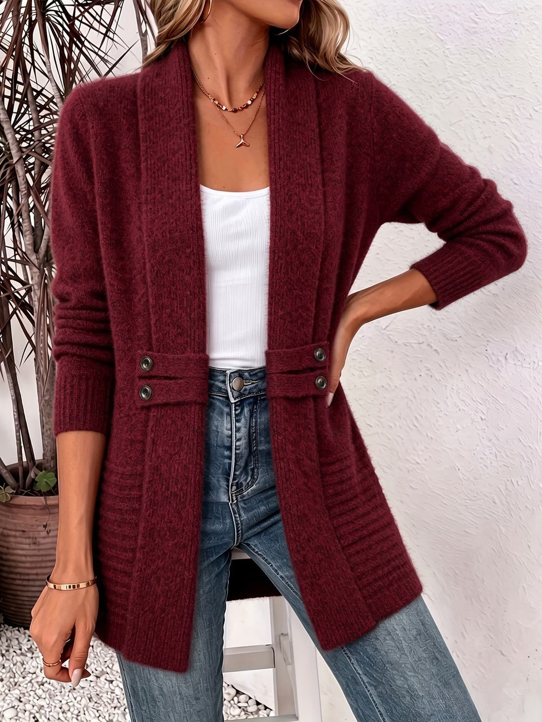 Marlowe™ | Burgundinpunainen Ribattu Neule Napitettava Cardigan