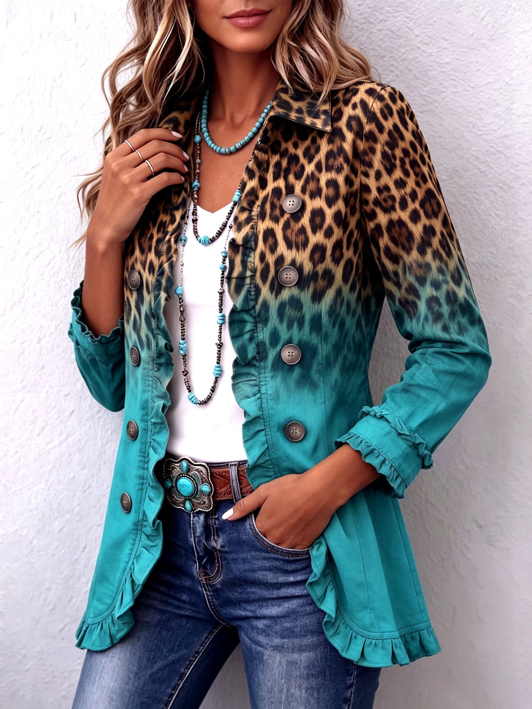Elspeth | Leopardi Ombre Ruffle Blazer Takki