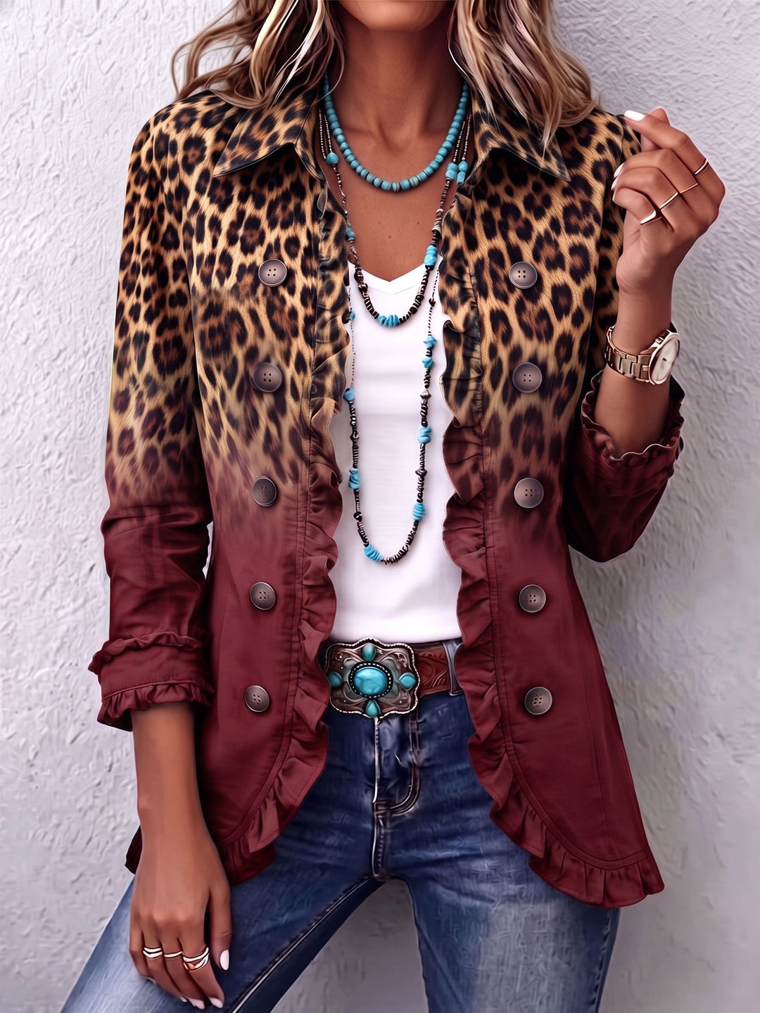 Elspeth | Leopardi Ombre Ruffle Blazer Takki
