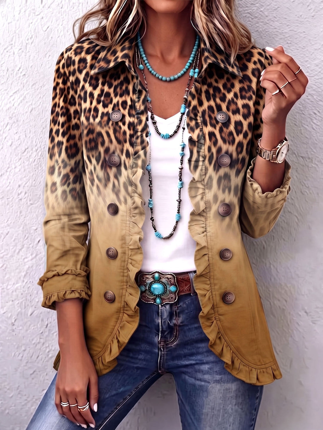 Elspeth | Leopardi Ombre Ruffle Blazer Takki