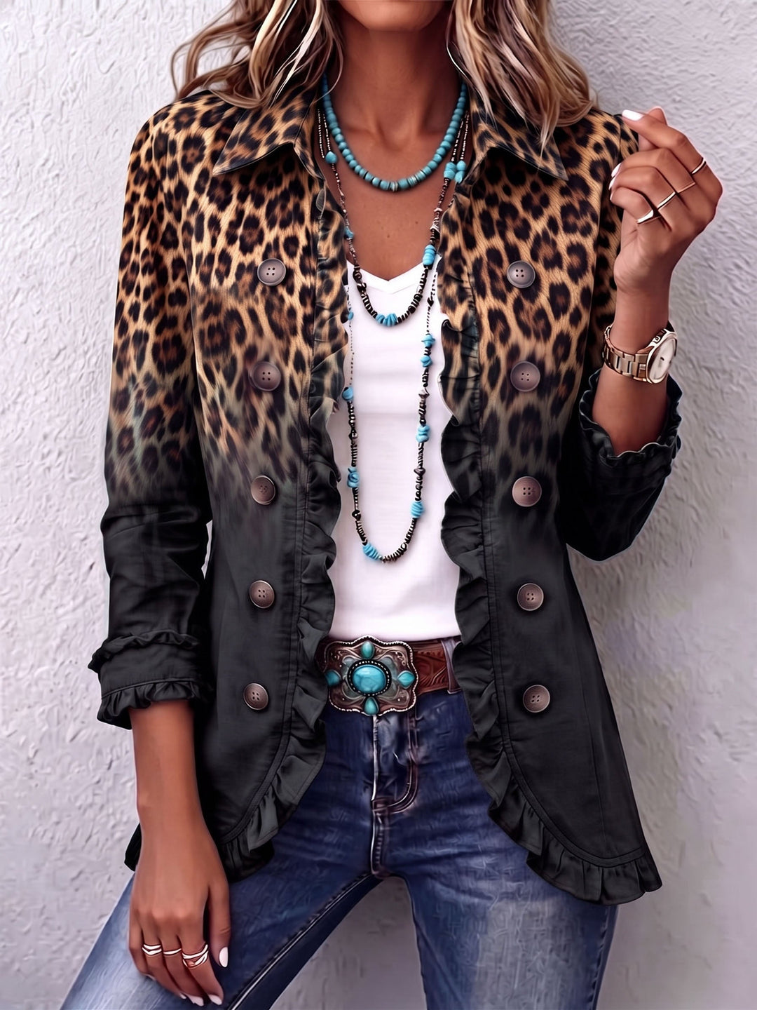 Sabina | Leopard Ombre Ruffle Blazer Takki